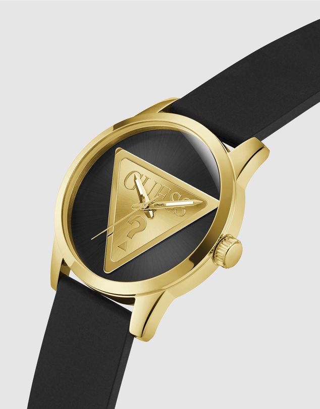 GUESS - Guess Triangle Men's 44mm Black Dial Gold-Tone Case and Black Leather Strap