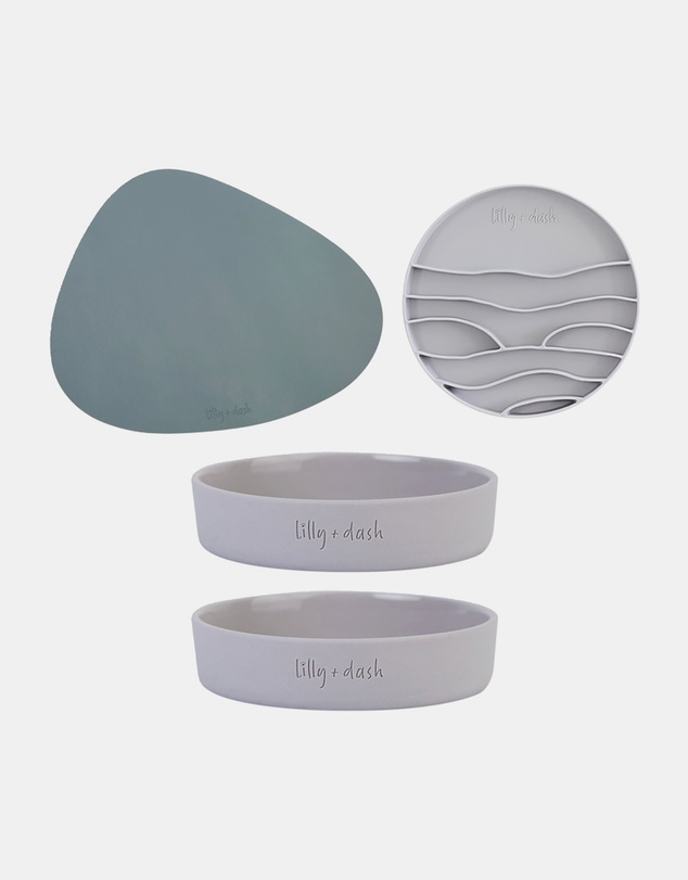 Lilly + Dash - Cat Eat and Drink Set – 2 Bowls + Lick Insert + Blue Placemat