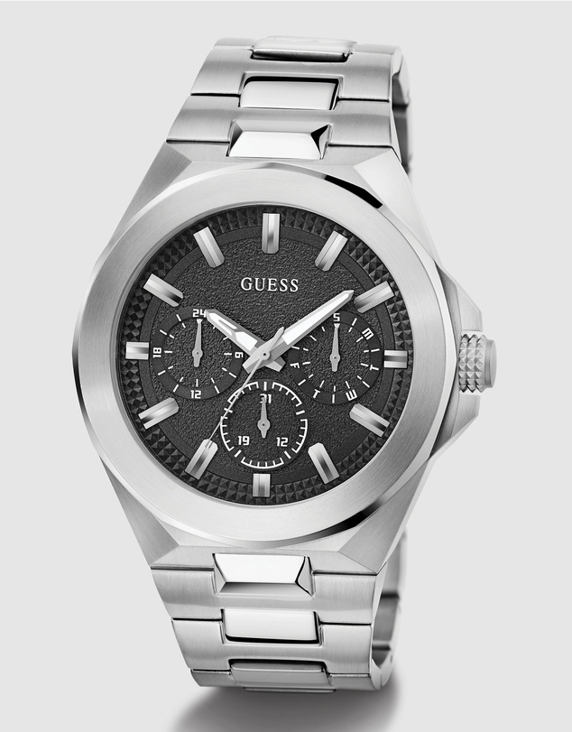 GUESS - Silver-Tone Multi-function 46mm Black Dial Men's Watch