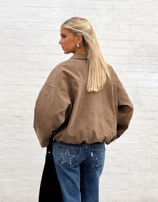 Beginning Boutique - River Brown Suedette Bubble Hem Bomber Jacket