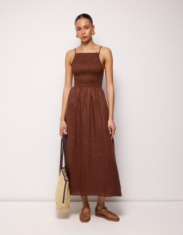 AERE - Olie Shirred Linen Midi Dress