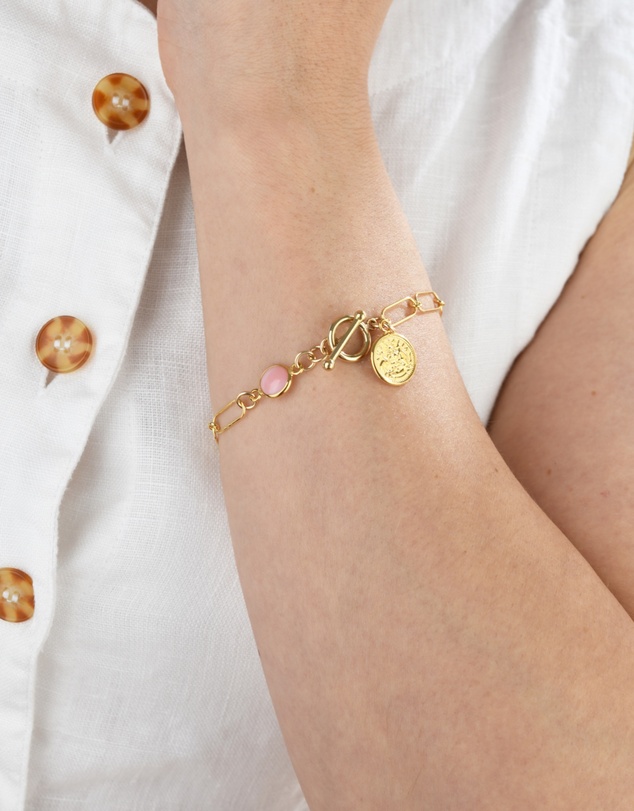 Von Treskow - Open Clip Chain Bracelet with Mini Coin & Pink Opal