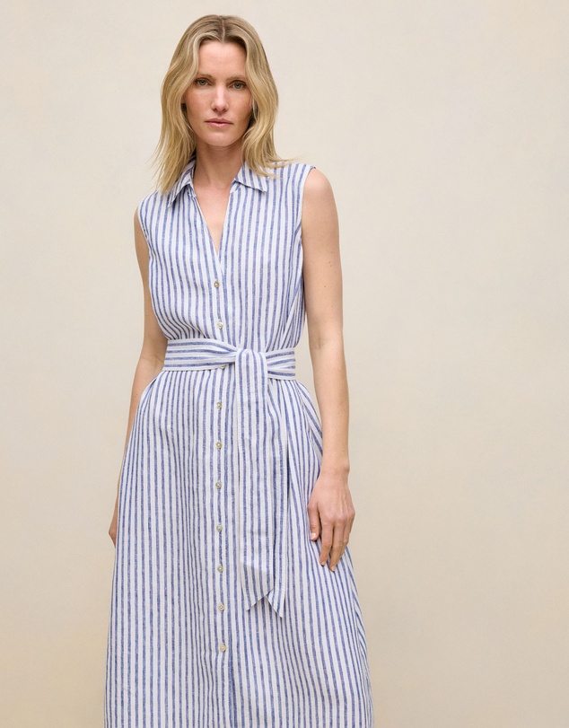 Trenery - Yarn Dyed Linen Stripe Sleeveless Shirt Dress in Vivid Blue