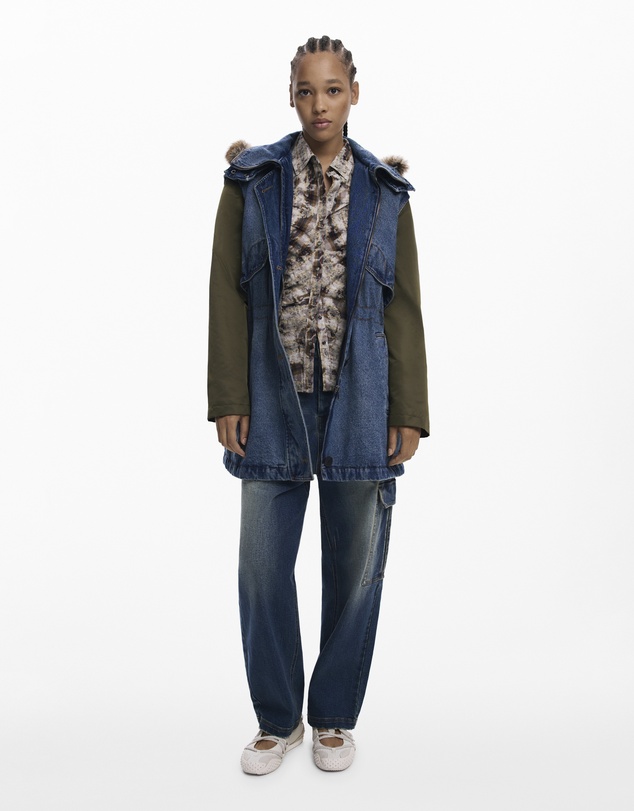 Desigual - Denim coat with faux fur trim