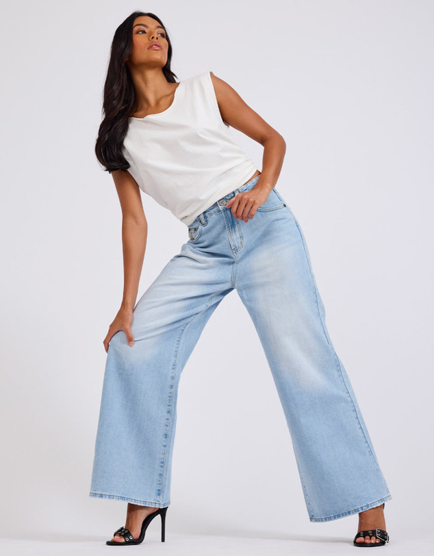 ONE TEASPOON - Love Machines Mid Waist Super Wide Leg Heartless Denim Jeans - Blue