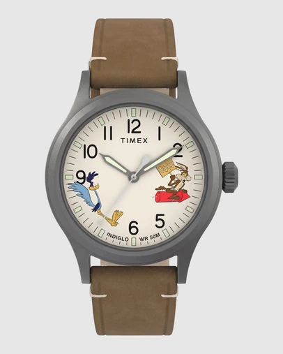 TIMEX - Looney Tunes x Timex Road Runner & Wile E. Coyote Expedition® Scout 40mm Brown Leather Strap Watch