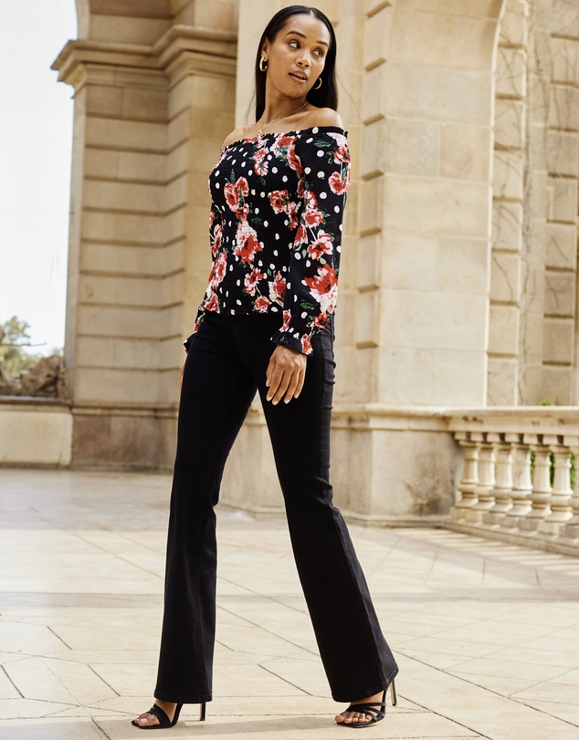 Sosandar - Floral Print Shirred Body Bardot Top