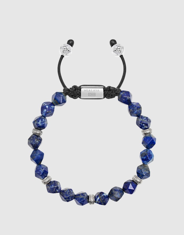 Nialaya Jewellery - Men's Sterling Silver Faceted Beaded Bracelet with Lapis Lazuli