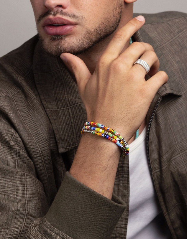 Nialaya Jewellery - Men's Wrap Bracelet with Assorted Vintage Trifocal Beads and Silver