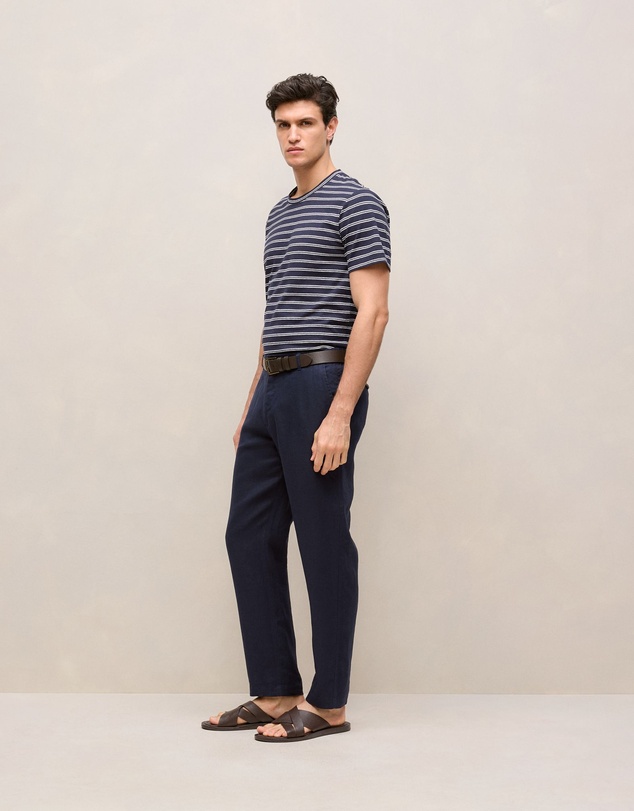 Trenery - Cotton Linen Double Stripe T-shirt in Navy