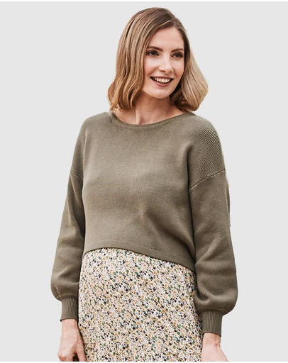 Angel Maternity - Sylvie Luxury Maternity Knitted Cropped Nursing Top- Khaki