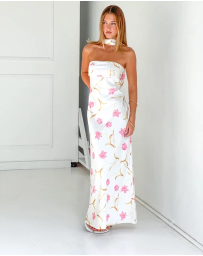 Beginning Boutique - Icelynn Cream Floral Print Strapless Satin Maxi Dress