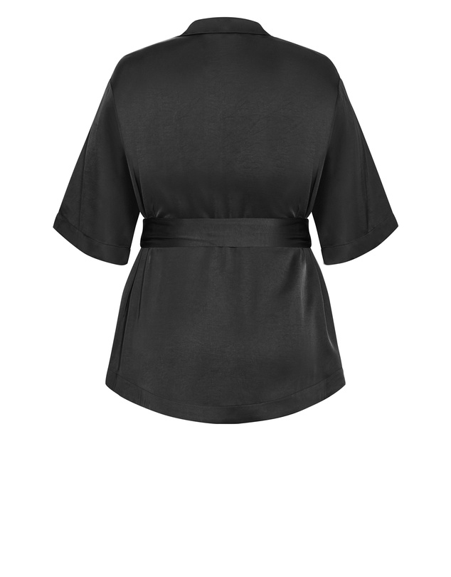 City Chic - Plus size Helena Waist Tie Satin Shirt - black