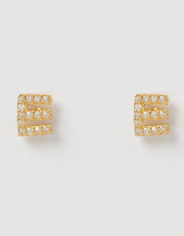 Izoa - Alphabet Mini Letter E Stud Earrings Gold