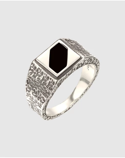 Kuzzoi - ICONIC EXCLUSIVE - Oxidized 925 Silver Ring with Hexagonal Black Enamel Inlay