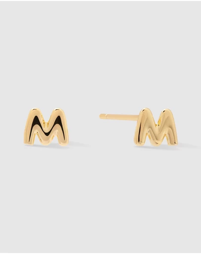 Wanderlust + Co - Alphabet Bubble Gold Stud Earrings - Letter M