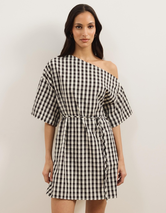 Atmos&Here - Olive Off Shoulder Gingham Mini Dress With Tie Waist