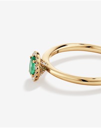 Michael Hill - Oval Cut Green Emerald Gemstone and 0.08 Carat TW Diamond Halo Ring in 10kt Yellow Gold