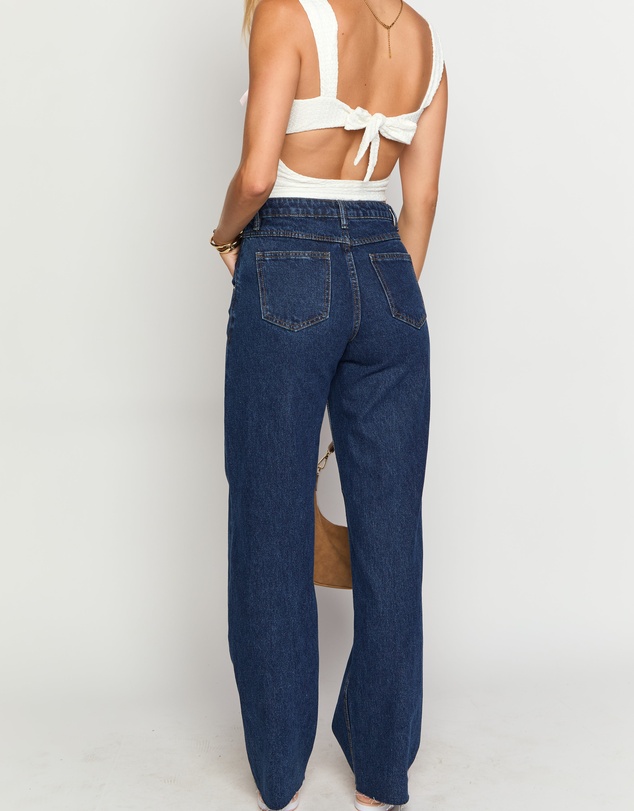Beginning Boutique - Kansis Dark Blue Uneven Waist Jeans