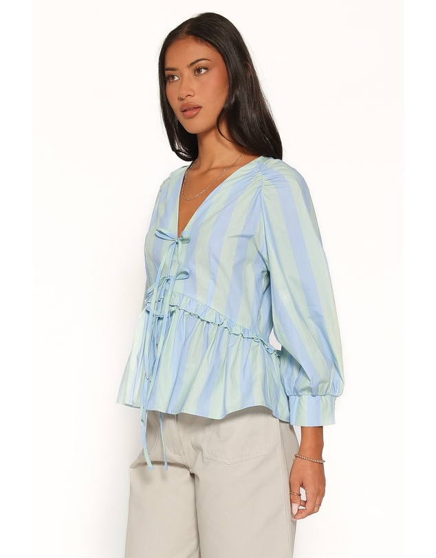 Petal & Pup - Benny Puff Sleeve Top - Green/Blue Stripe
