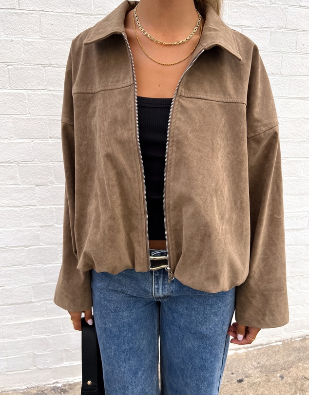 Beginning Boutique - River Brown Suedette Bubble Hem Bomber Jacket