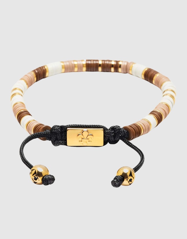 Nialaya Jewellery - Men's Beaded Bracelet with Brown, Beige and Gold Disc Beads