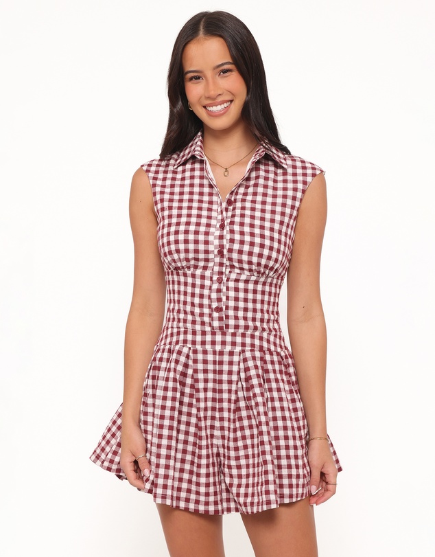 Petal & Pup - Helen Button Front Playsuit - Burgundy Gingham