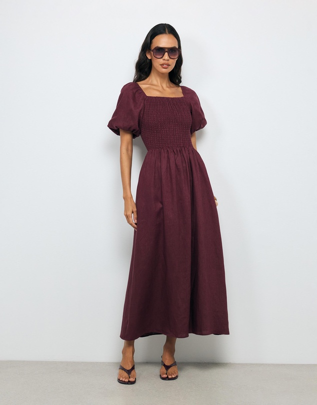 AERE - Olana Shirred Linen Midi Dress