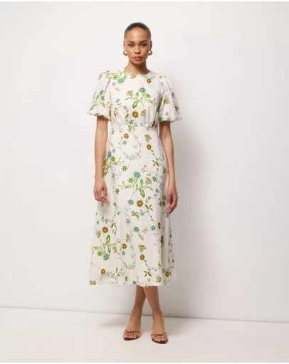 AERE - Clea Linen Puff Sleeve Midi Dress