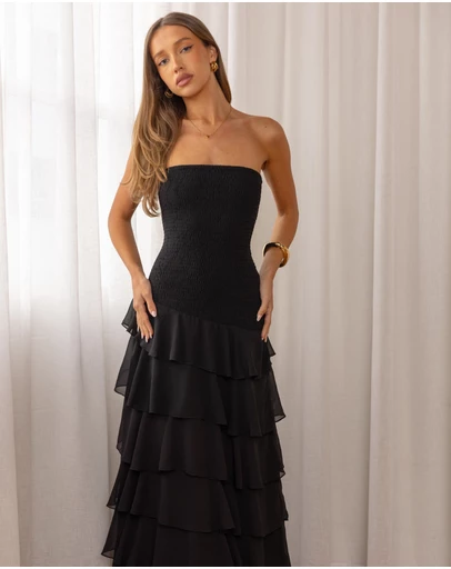 Beginning Boutique - Riles Black Strapless Ruffle Maxi Dress
