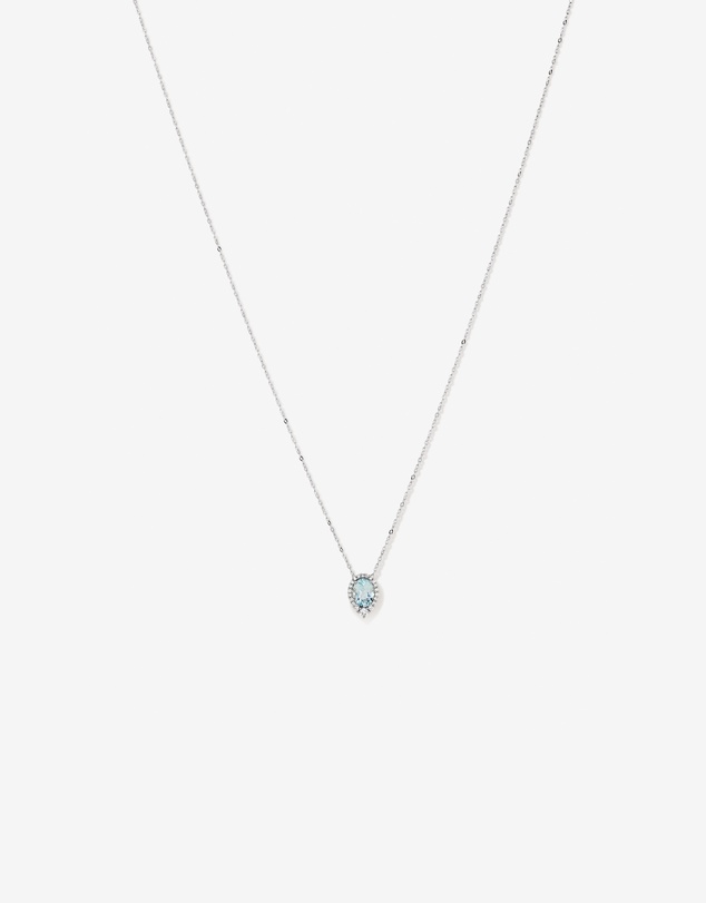 Michael Hill - Oval Cut Blue Aquamarine Gemstone and 0.19 Carat TW Diamond Halo Pendant Necklace in 10kt White Gold