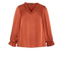 City Chic - Plus size Maia Ruffle V Neck Top - toffee