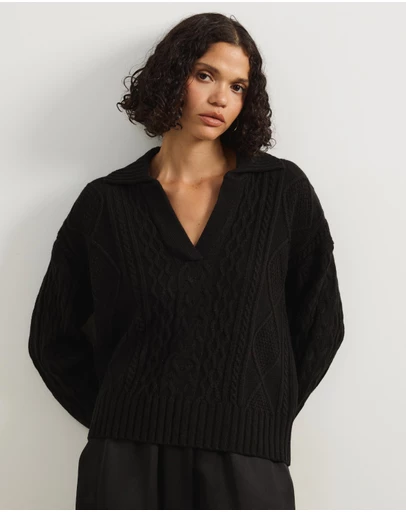 Atmos&Here - Faye Cable Knit Pullover With Collar