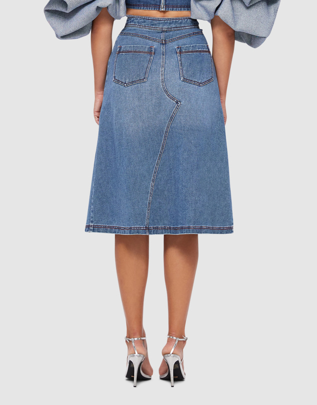 LEO LIN - Quinn Denim Asymmetric Midi Skirt - Dark Wash