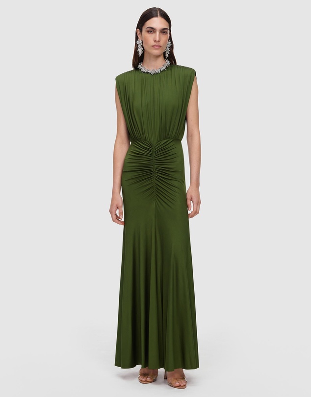 Self Portrait - Olive Jersey Gathered Maxi Dress