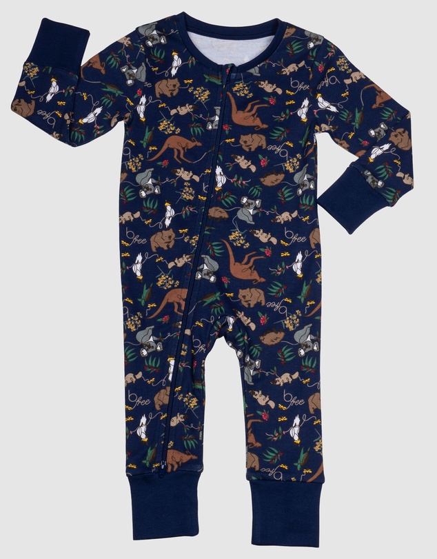 B Free Intimate Apparel - 100% Organic 2-Way Zip Sleepsuit - Baby & Toddler Navy Native Aussie Animals