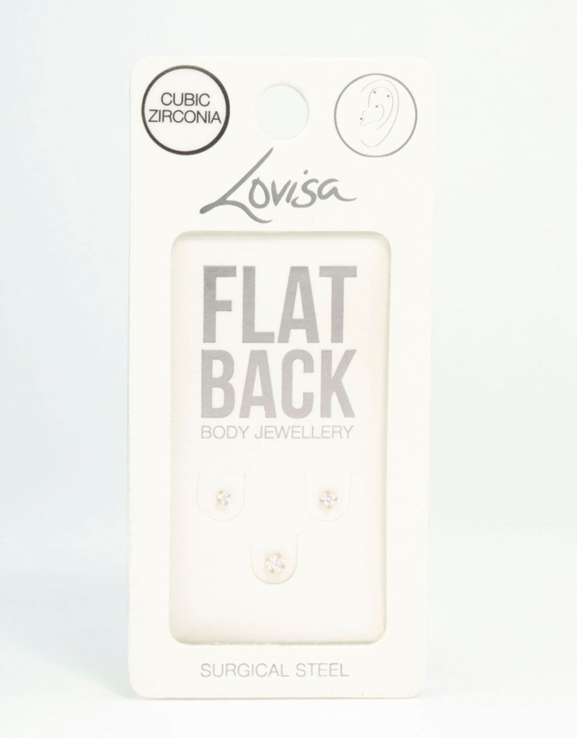 Lovisa - Gold Plated Surgical Steel Classic Cubic Zirconia Threadless Flat Back Studs 3-Pack