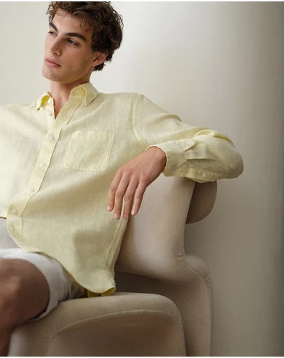 Trenery - Regular Fit Linen Classic Long Sleeve Shirt in Lemonade