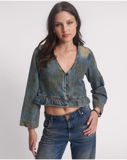 ONE TEASPOON - Denim Frill Backless Crop Top - Lucia Blue