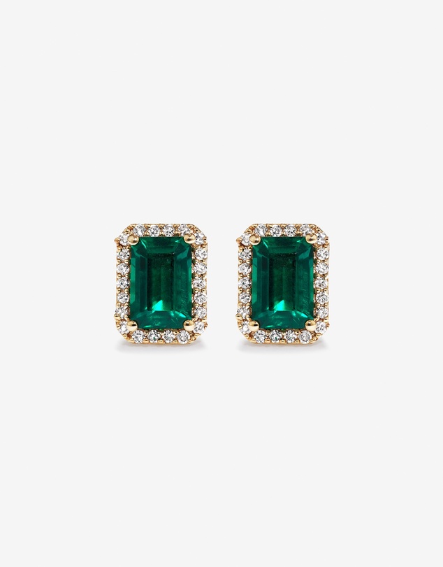 Michael Hill - Emerald Cut Green Created Emerald Gemstone and Diamond Halo Earrings in 10kt Yellow Gold