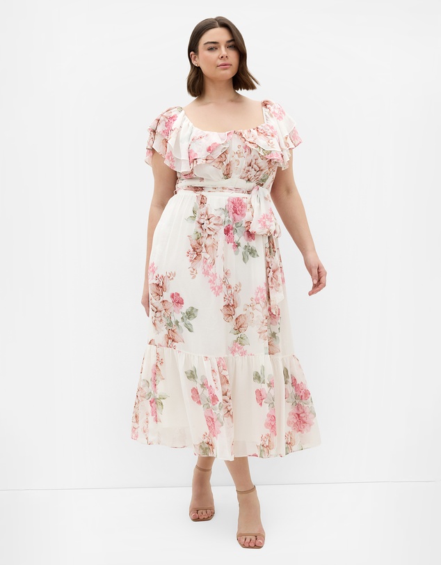 City Chic - Plus size Amelia Floral Print Midi Dress - ivory