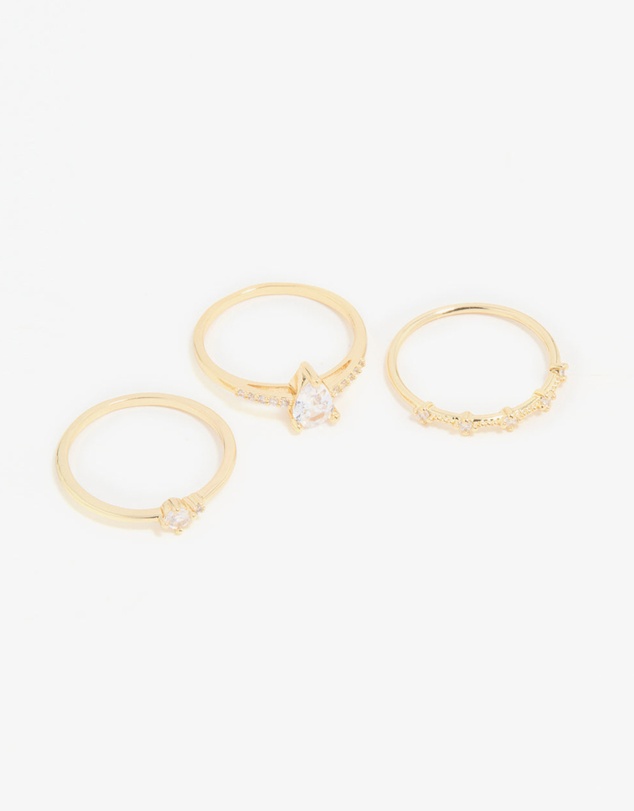 Lovisa - Gold Plated Cubic Zirconia Elegant Pear Stacking Rings 3-Pack