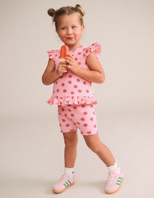 Huxbaby - Strawberry Print Rib Peplum Tee - Babies-Kids