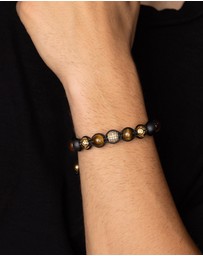Nialaya Jewellery - Men's Beaded Bracelet with Gold, CZ Diamond, Matte Onyx, and Brown Tiger Eye