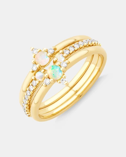 Michael Hill - 3 Ring Set with Opal & 0.18 Carat TW of Diamonds in 10kt Yellow Gold
