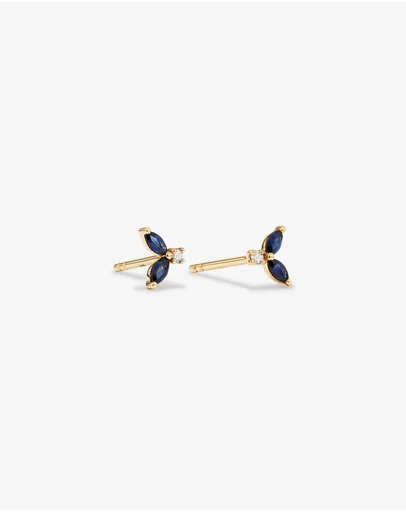 Michael Hill - Round Diamond and Marquise Blue Sapphire Gemstone Stud Earrings in 10kt Yellow Gold