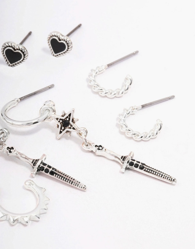 Lovisa - Silver Mixed Heart & Rose Earring 5-Pack