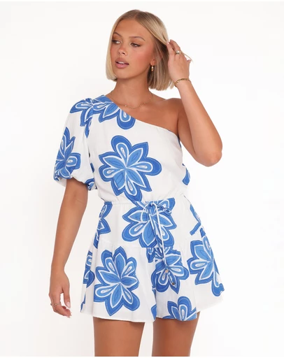 Petal & Pup - Delphine One Shoulder Playsuit - White Blue