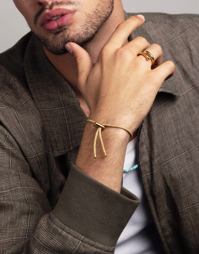 Nialaya Jewellery - Men's Beige String Bracelet with Adjustable Gold Lock