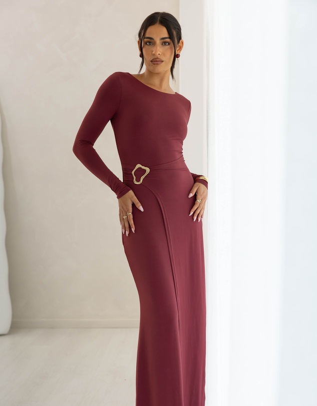 Beginning Boutique - Misaki Burgundy Long Sleeve Wrap Maxi Dress